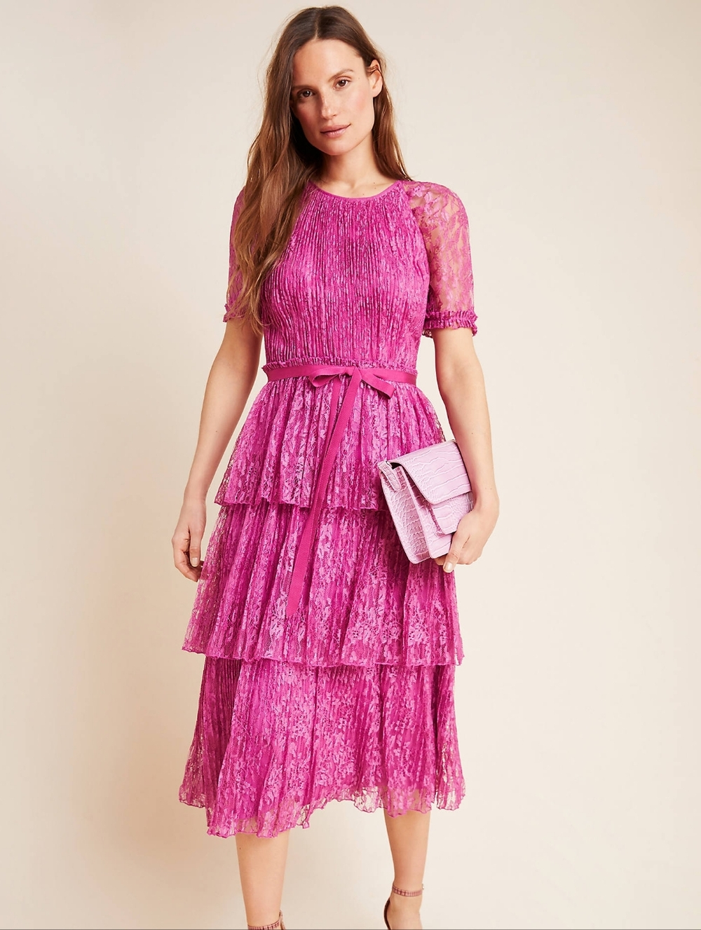 Monique Lhuillier Tiered Lace Midi Dress in Fuchsia